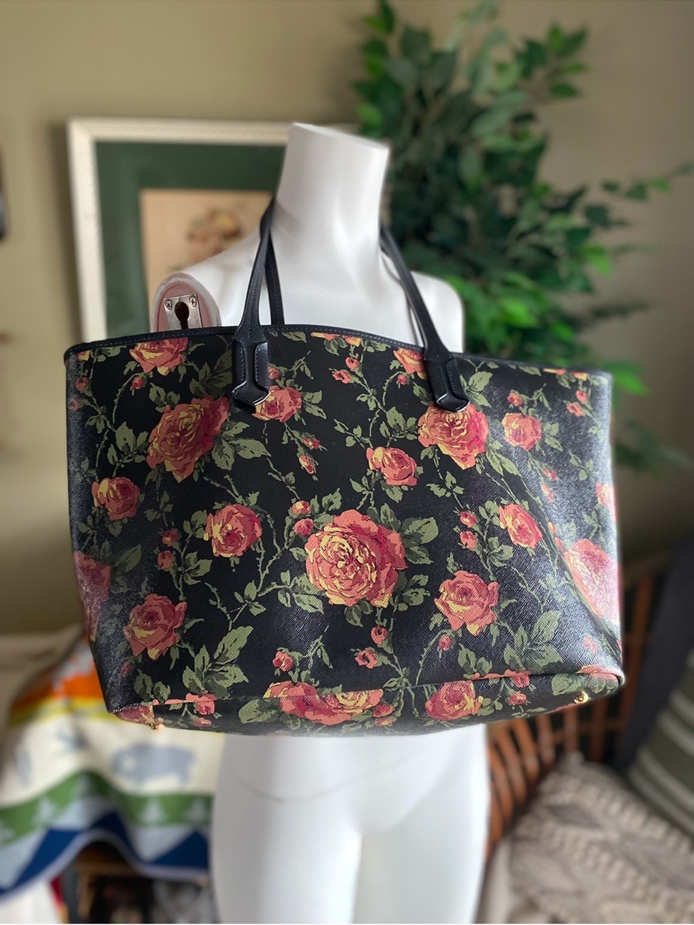 Ralph Lauren Floral Rose Print Tote Bag - Black and Rose